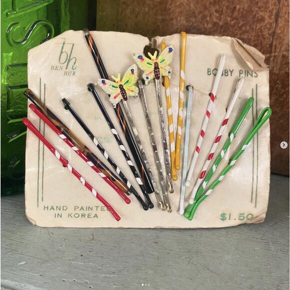 Vintage Bobby Pin Card Hand Painted Ben Hur Brand Korea Tortoiseshell x15 - Picture 1 of 3